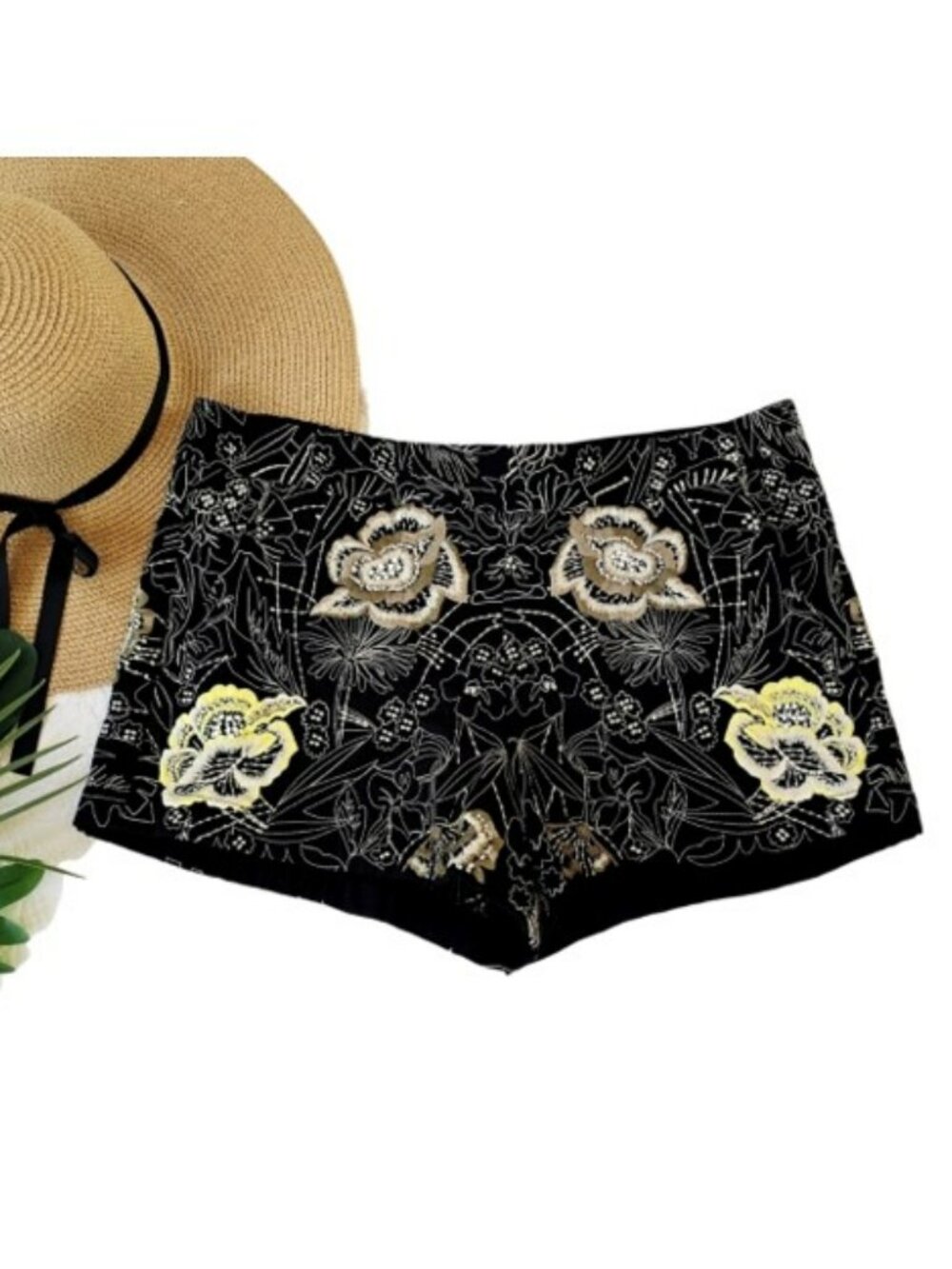 French Connection Women's San Fran Floral Stitch Embroidered Shorts Black Size 8